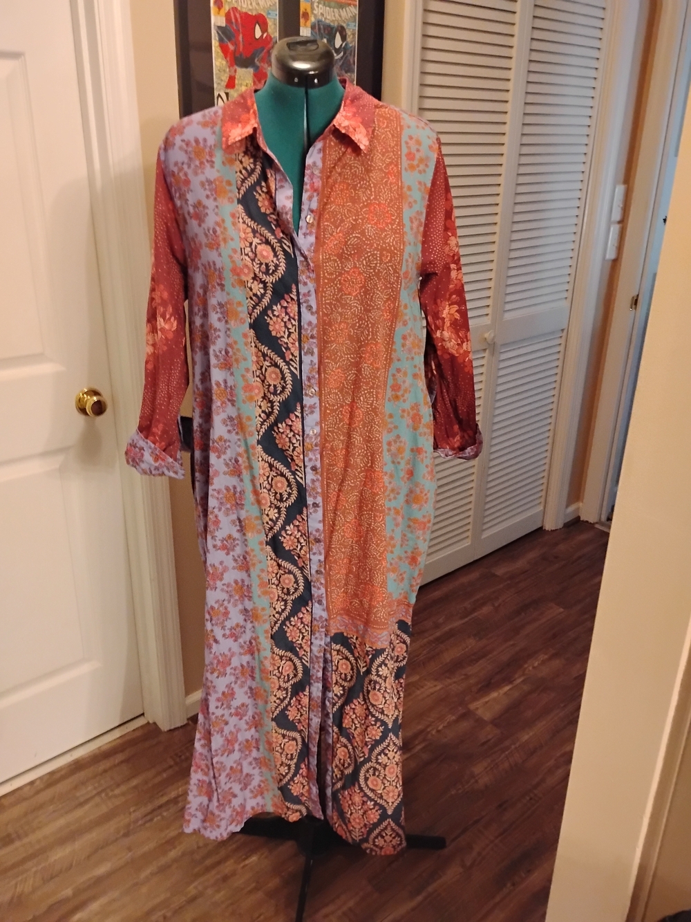 NATURAL LIFE Patchwork Maxi Shirt Dress in Rust & Light Blue